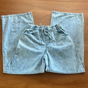 Happily Gray High-Waisted, Drawstring , Wide-Leg Cotton Chambray Pants, Size S